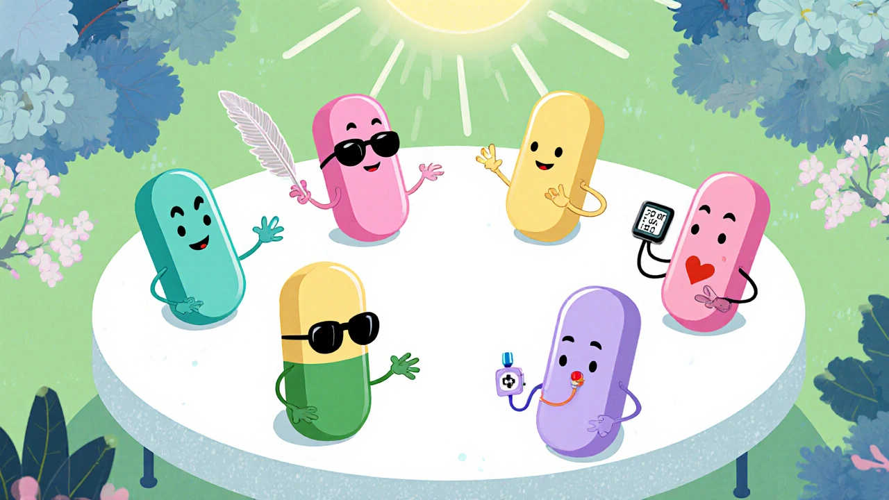 Animated pill characters gather around a round table outdoors.