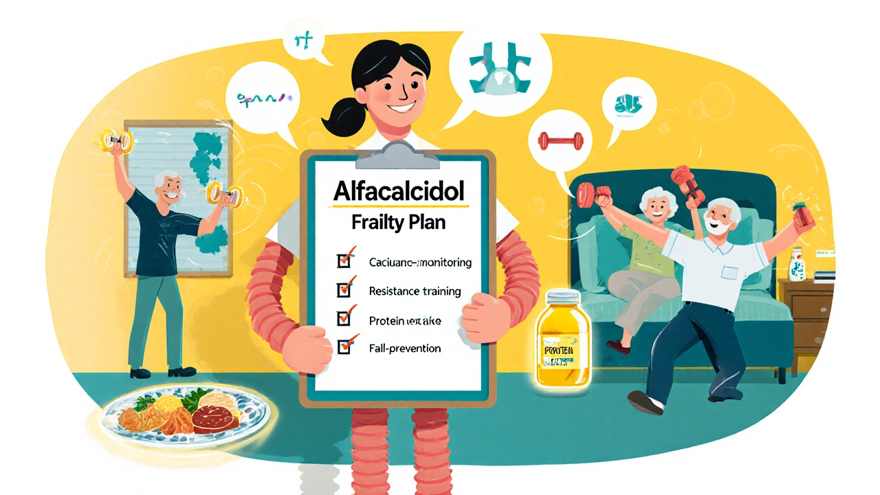 Clinician holds frailty checklist while elderly couple does exercises beside alfacalcidol bottle.