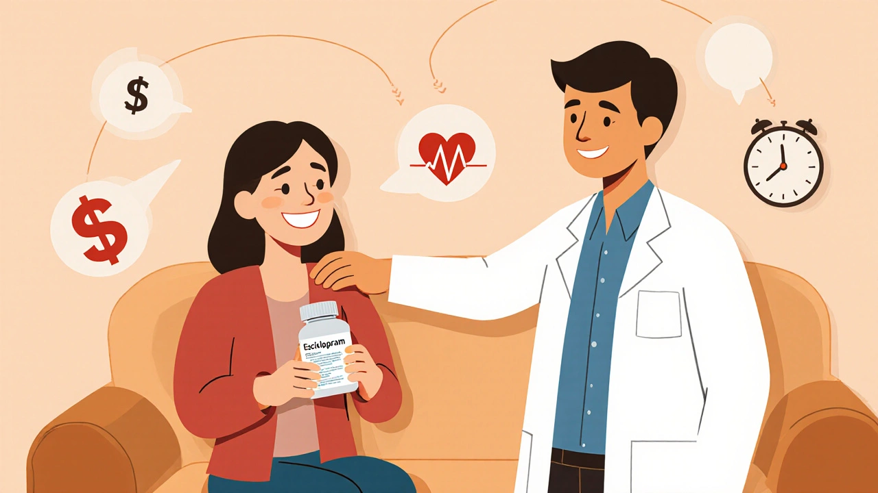 Patient smiles on sofa with doctor, surrounded by subtle icons.