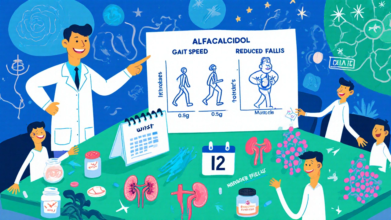 Scientists review charts of improved gait and grip next to alfacalcidol bottles in a cartoon lab.