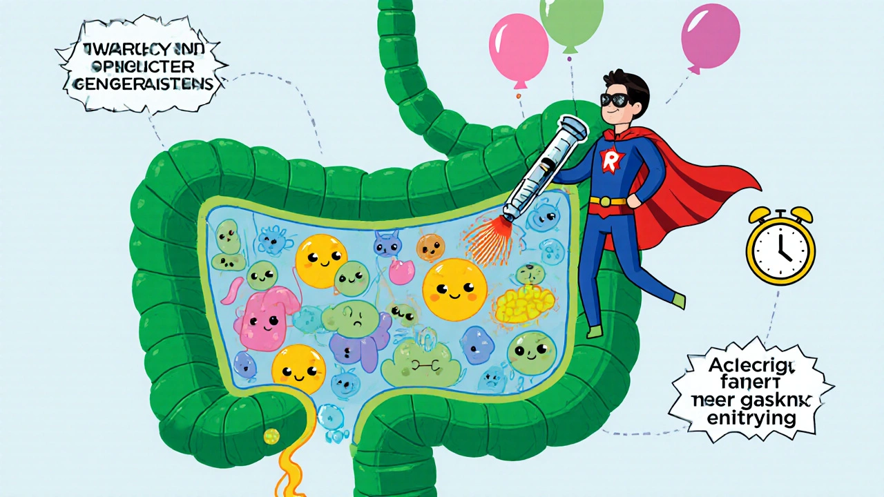 Animated gut scene with superhero Rifaximin clearing gas‑producing bacteria.