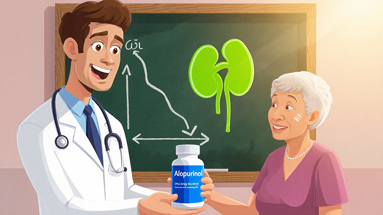 Cartoon doctor gives Allopurinol pills to patient with kidney and uric acid icons.