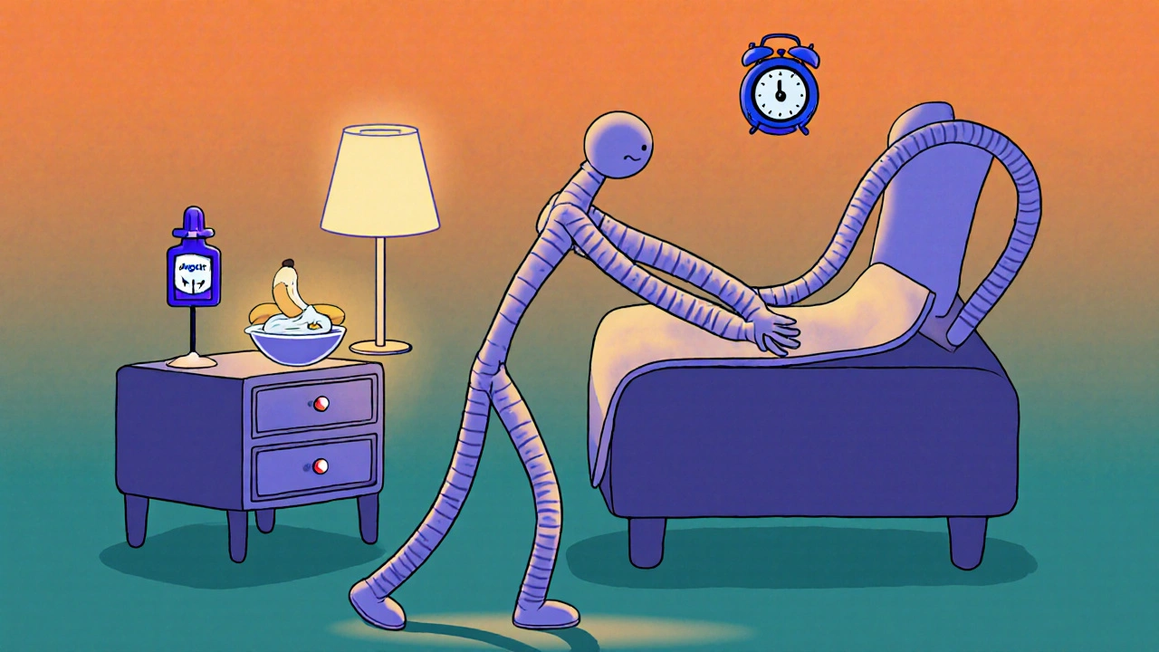 Cartoon figure preparing for sleep with dim light, snack, alarm clock, and melatonin bottle.