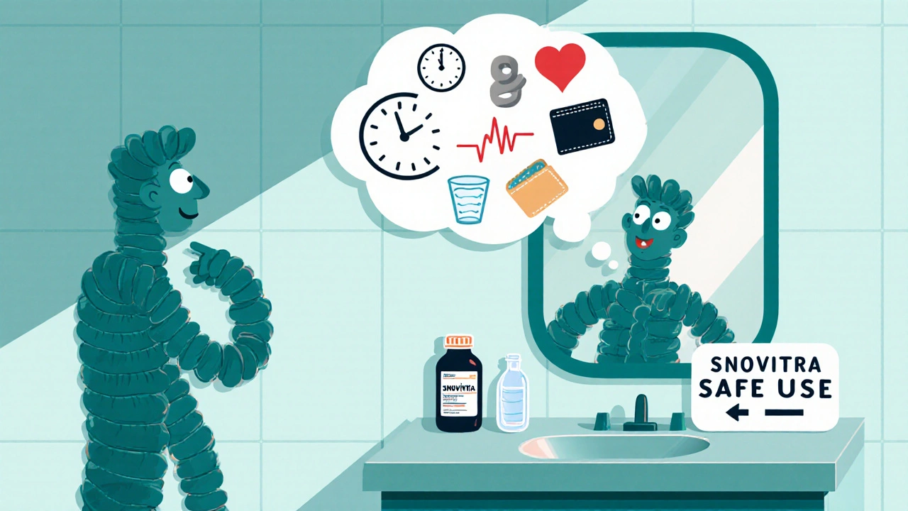 Cartoon man thinking about choosing an ED pill with icons for timing, health, budget and safe‑use tips.