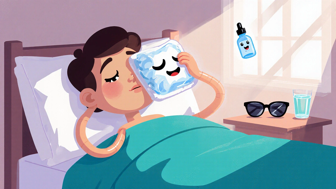 Cartoon scene of patient using cold compress, eye drops, pillows, and sunglasses at home.