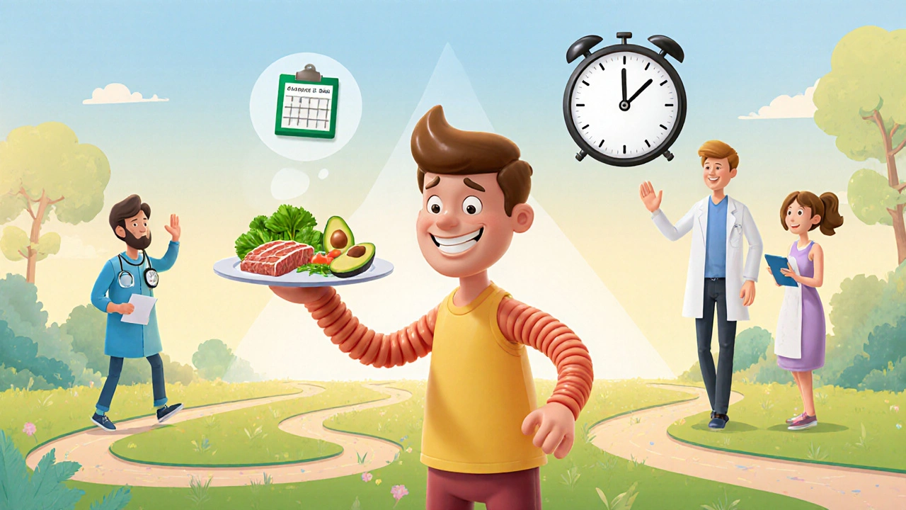 Cheerful cartoon person eats healthy food, sleeps, and exercises with supportive doctor and therapist.