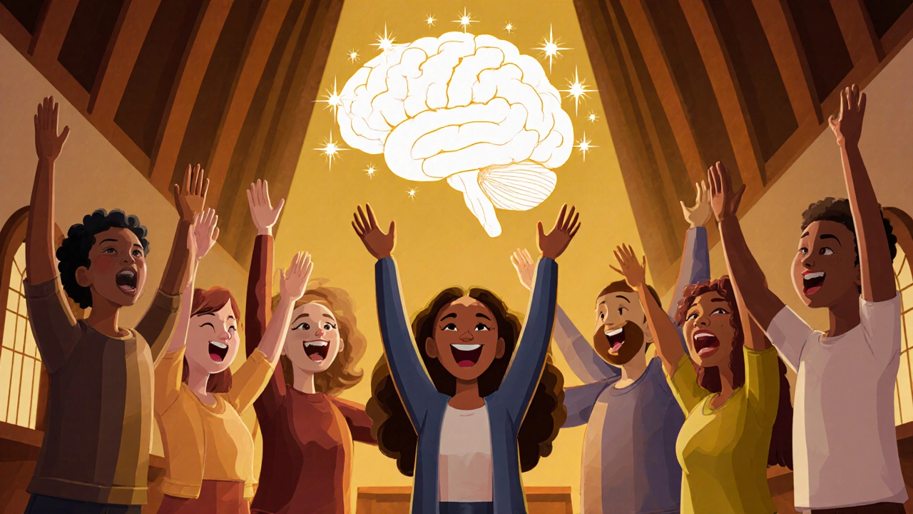 Diverse group singing in a chapel, cartoon brain above shows bright prefrontal cortex.