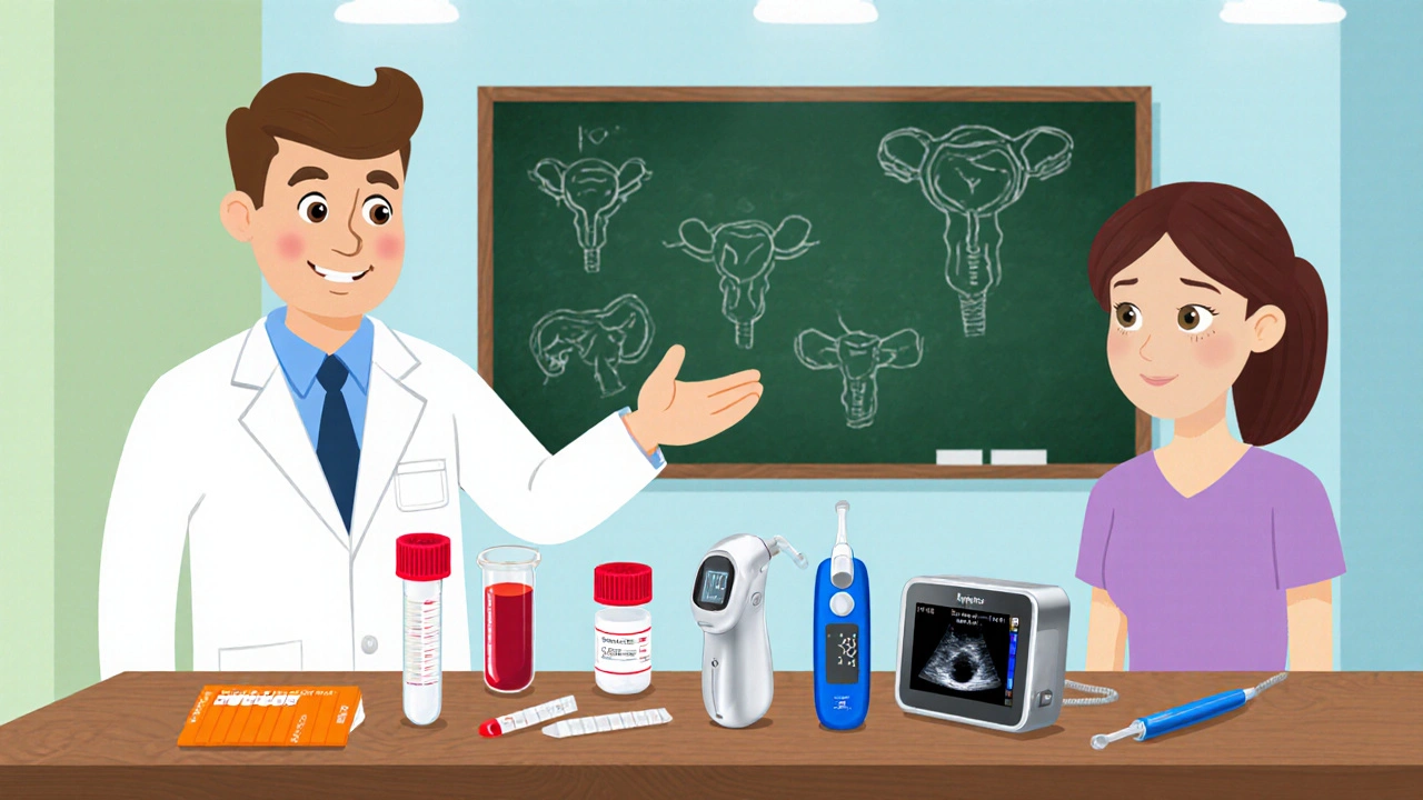 Doctor shows a variety of ovulation testing tools to a patient in a friendly clinic.