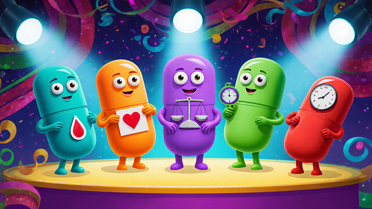 Five cartoon pill characters on a stage, each with color-coded accessories representing drug traits.