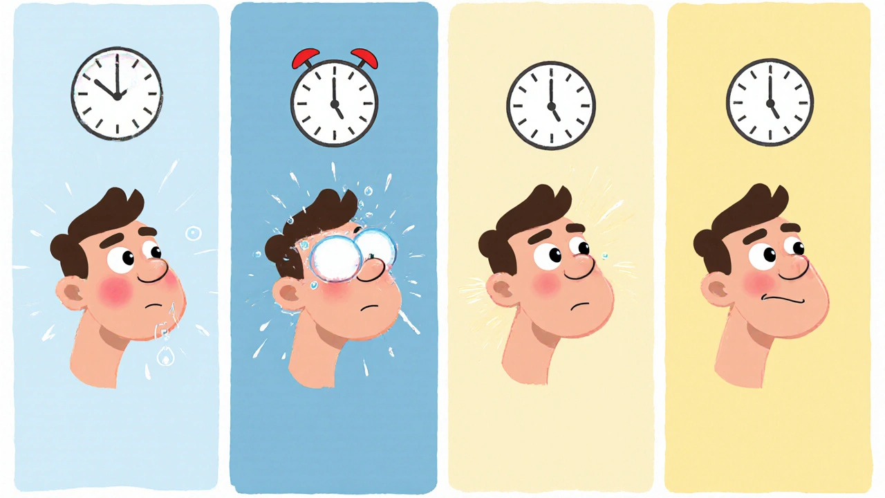 Four‑panel cartoon showing eye swelling decreasing over days post‑surgery.
