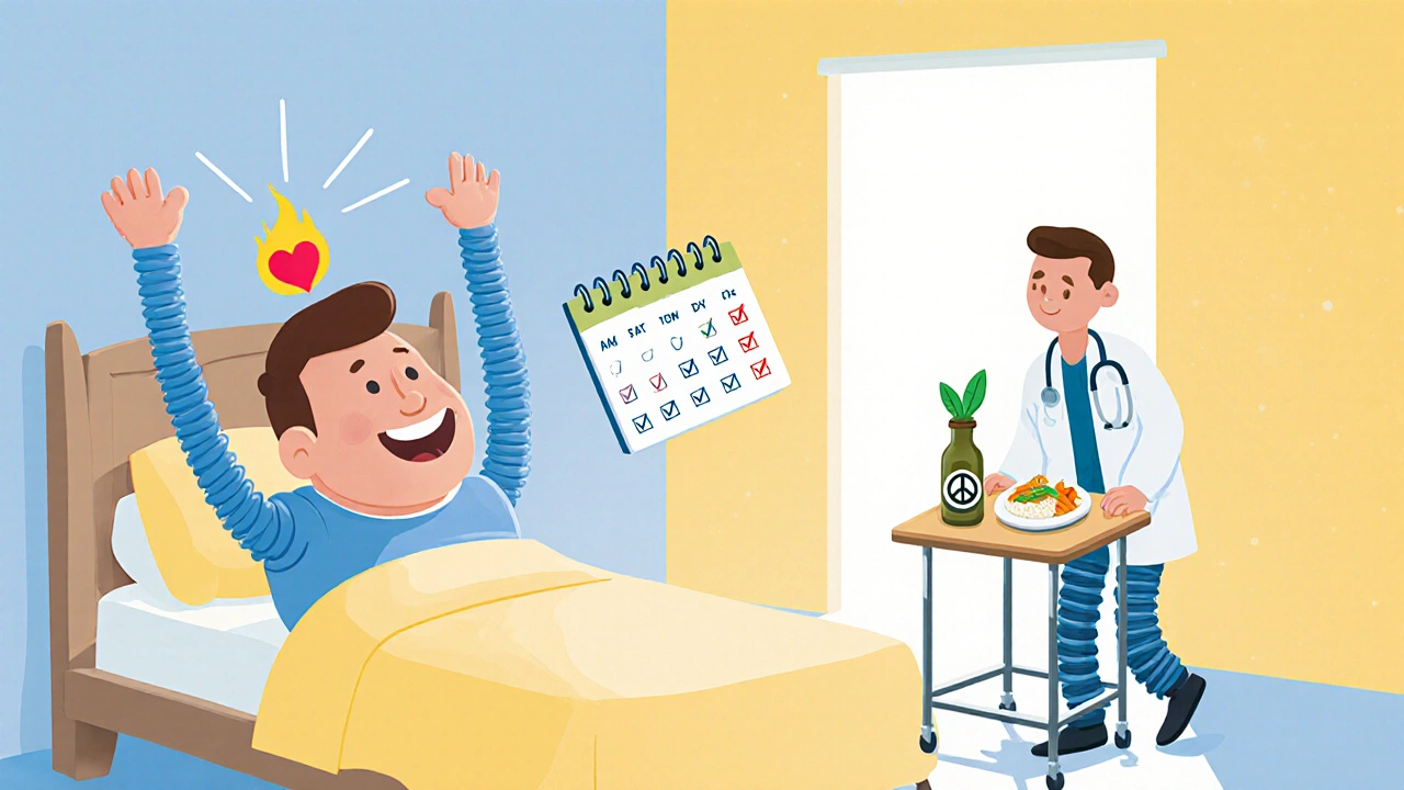 Patient smiling in bed with doctor showing a 14‑day treatment calendar and low‑FODMAP foods.