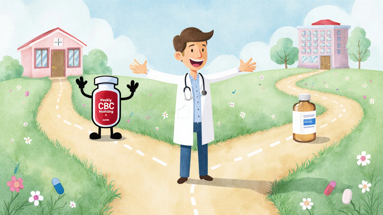 Playful doctor at a forked path choosing between a clinic with blood‑vial and a pharmacy with pills.