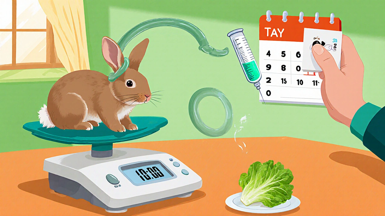 Rabbit on a scale, syringe of albendazole, lettuce, and a calendar showing three days.