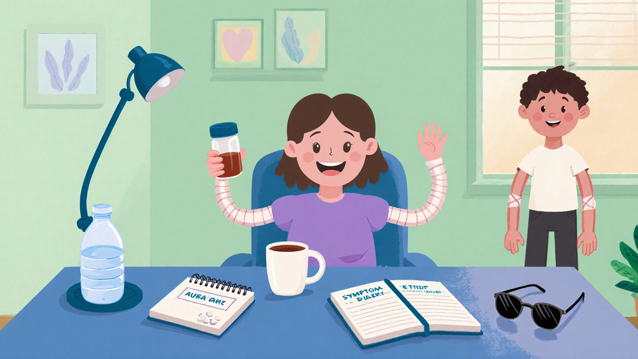 Relaxed cartoon figure with an aura kit, diary, and supportive friend in a cozy setting.