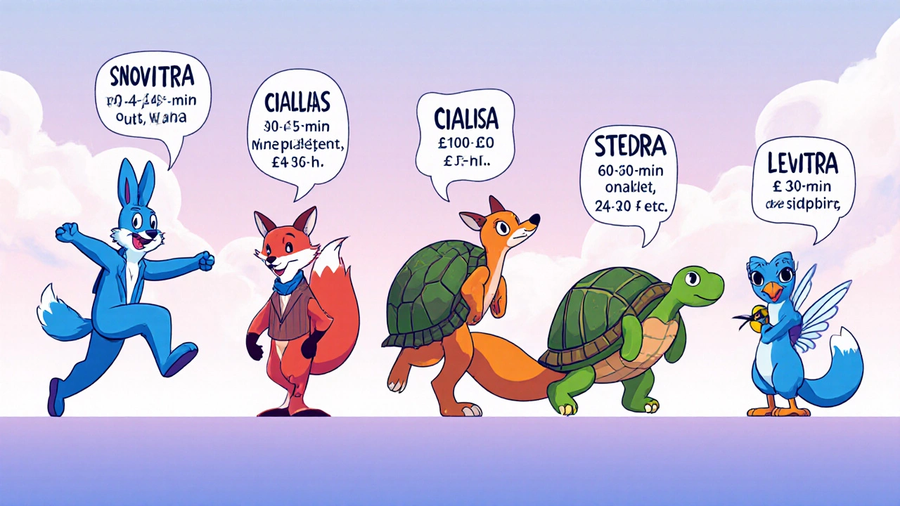 Rubber‑hose characters personifying five ED meds showing onset, duration, side‑effects and price.