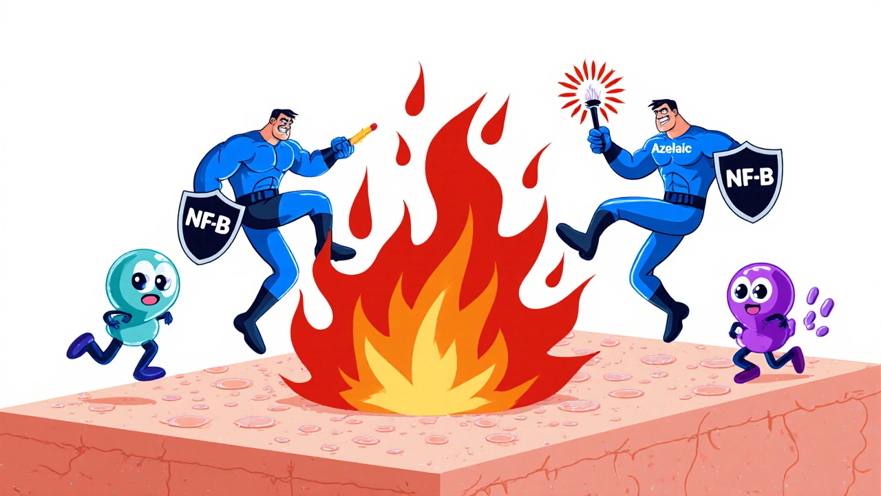 Rubber‑hose heroes battle red inflammation, keratinocytes, and bacteria on skin.