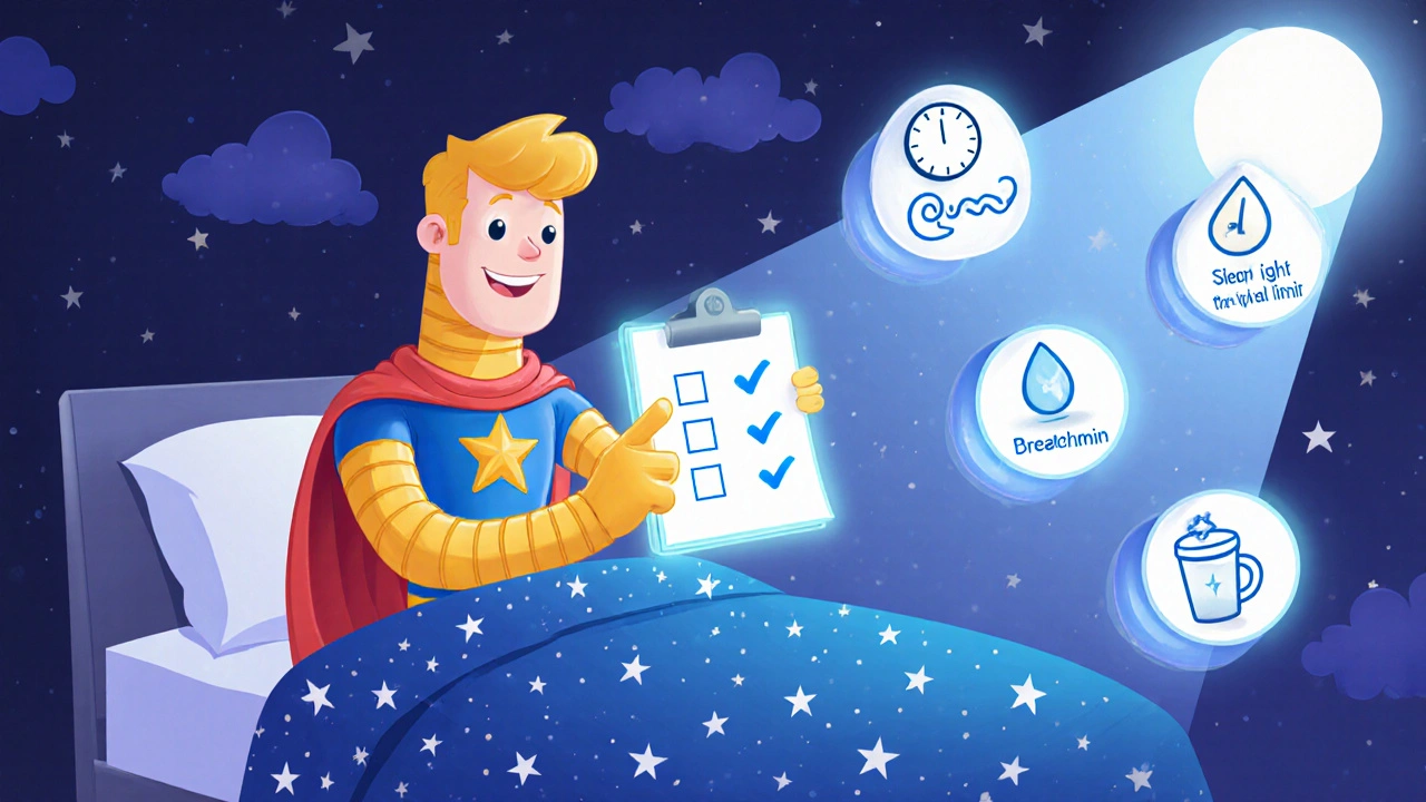 Rubber‑hose superhero pointing to a checklist of sleep tips beside a starry night bed.
