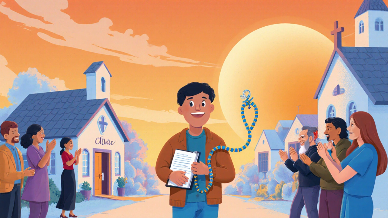 Sunrise over clinic and church, recovered person holding journal and prayer beads.