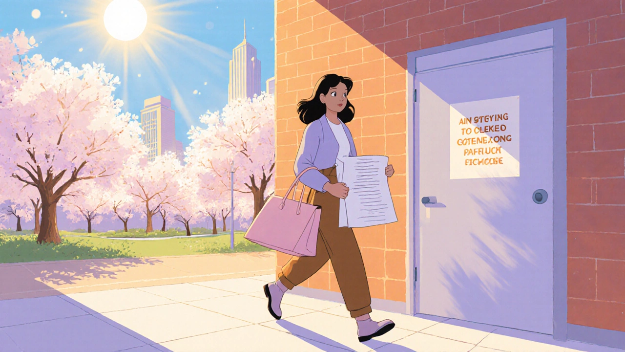 Woman leaves the clinic holding a plan folder, walking on a sunny sidewalk.