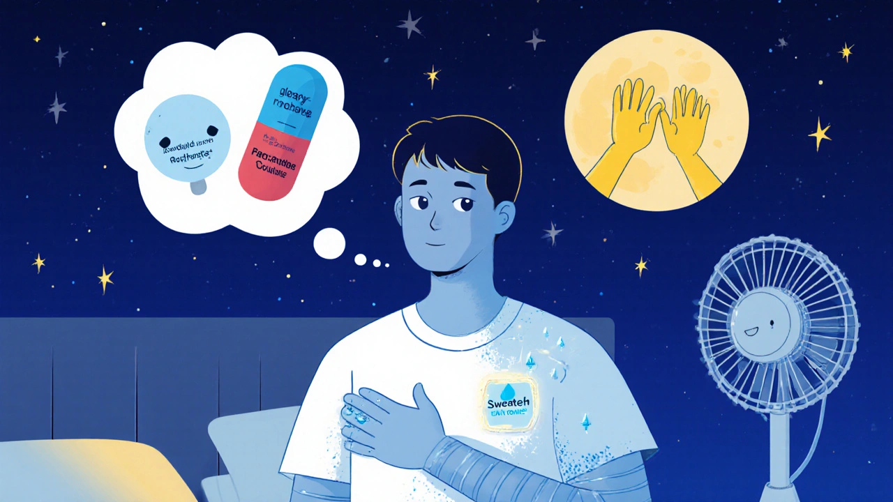 A calm person in cool pajamas with a glowing patch emitting cooling waves, surrounded by medicine icons.