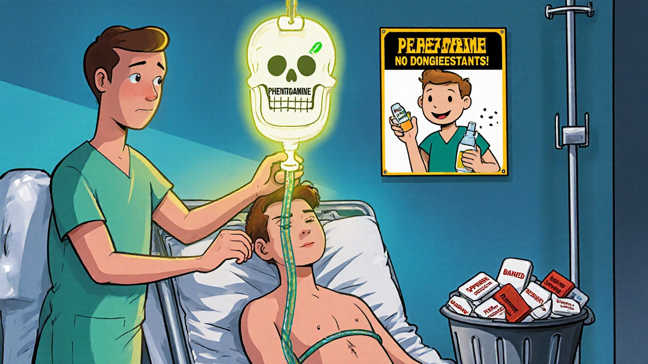 A doctor administers IV treatment in an ER while a giant warning sign looms, with banned pills in a trash bin behind them.