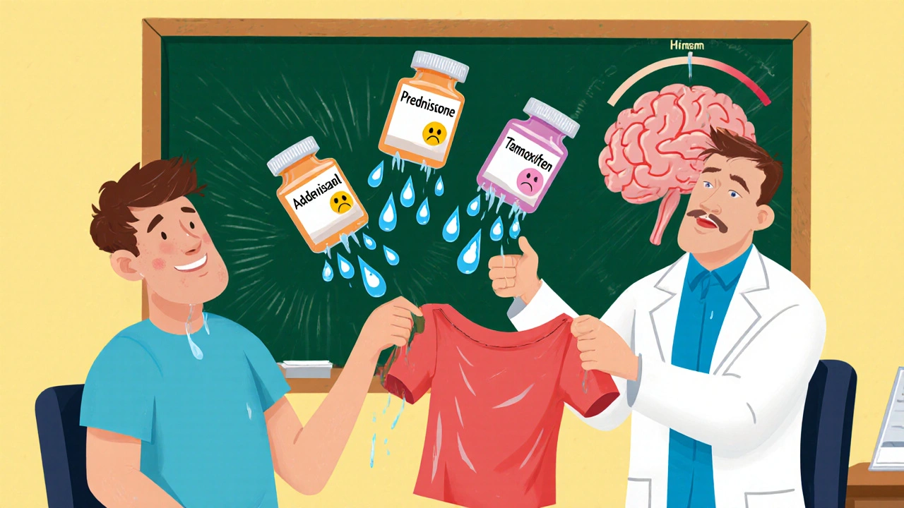A doctor juggling medication bottles that leak sweat, while a brain with a thermostat spins wildly.
