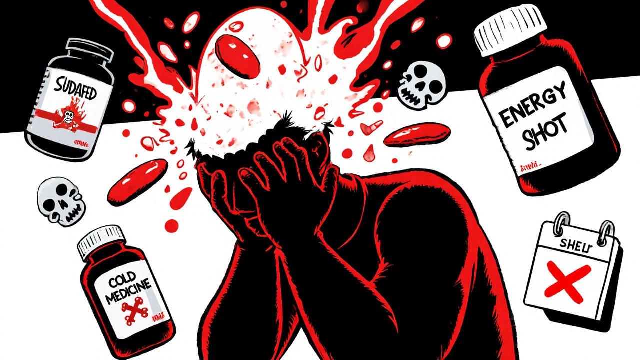 A man clutches his head as blood and chemical molecules explode from his skull, surrounded by dangerous medication bottles.