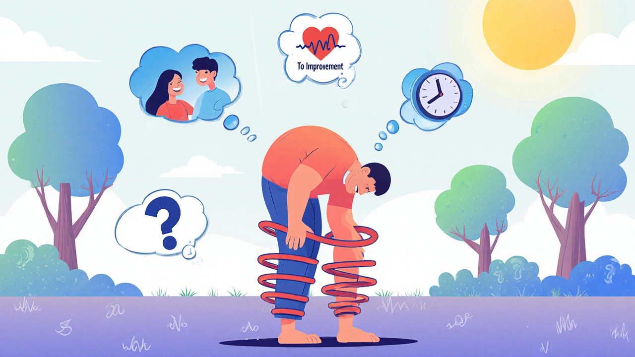 A man doing Kegel exercises with bouncy legs, thought bubbles showing improvement, set in a sunny backyard with cartoon question mark trees.