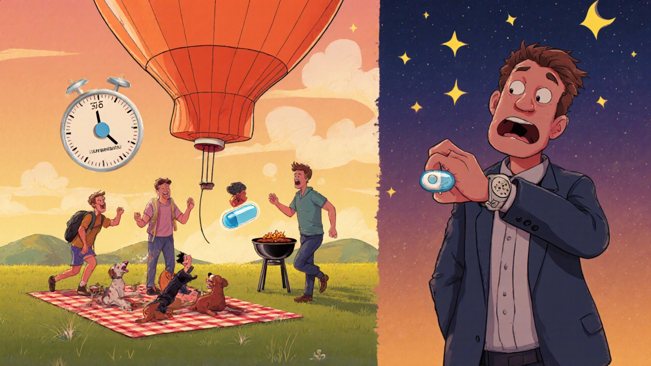 A man enjoys a weekend picnic with a floating 36-hour timer above him, while another man frantically checks his watch holding a tiny Viagra pill.