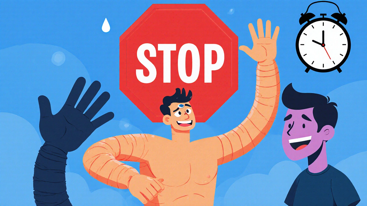 A man freezes mid-sex with a giant STOP sign as he practices the start-stop technique in cartoon style.
