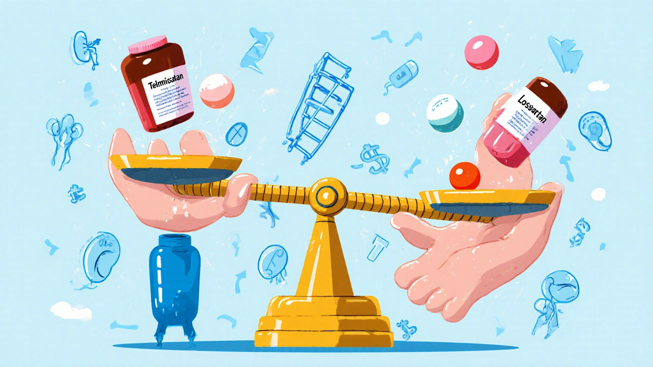 A person comparing Telmisartan and Losartan pills on a scale, with Amlodipine causing comically swollen ankles.