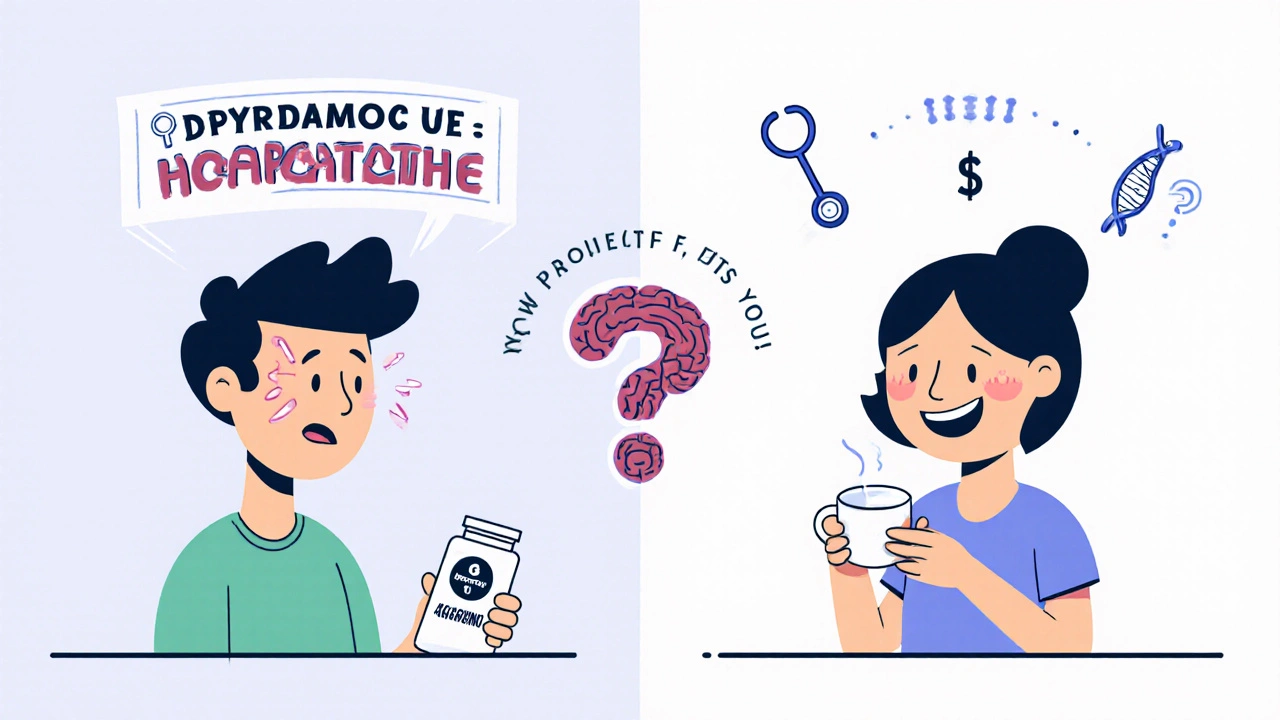 A split scene of a patient with a headache from Aggrenox versus a happy patient taking aspirin, with a brain-shaped question mark above.