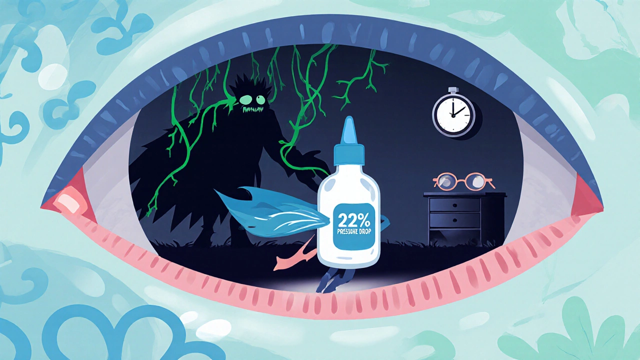 A tiny eye drop superhero fights a glaucoma monster inside a cartoon eye, saving vision over decades.