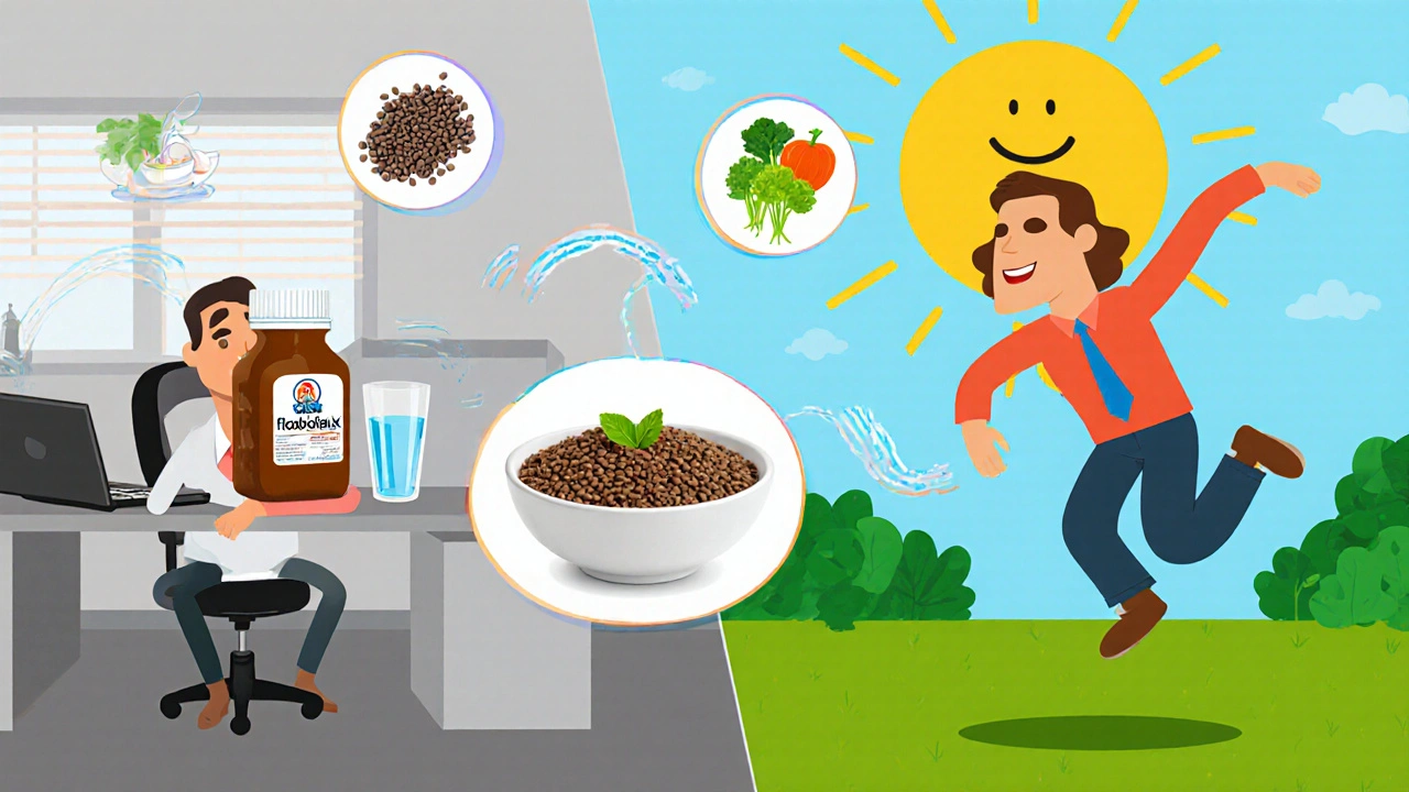 A tired worker transforms into a vibrant person after switching from Herbolax to flaxseed and water.