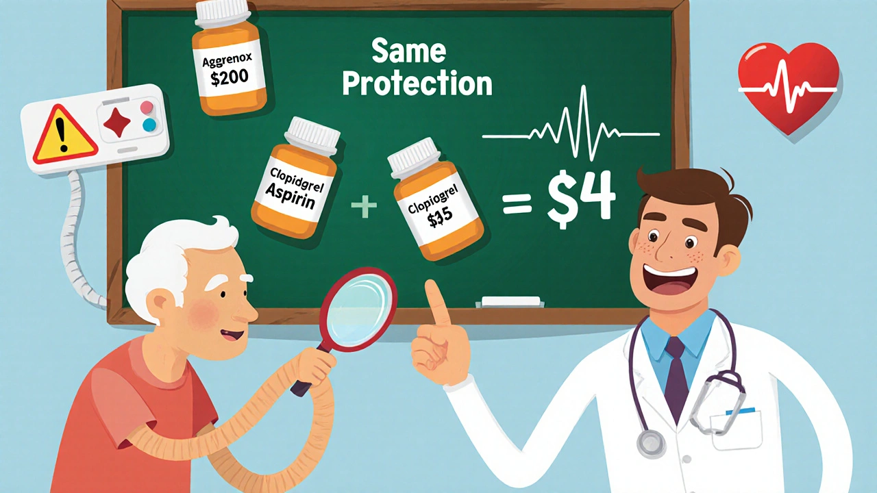 An elderly patient comparing three pill bottles labeled with prices, guided by a doctor pointing to a simple cost-benefit equation.