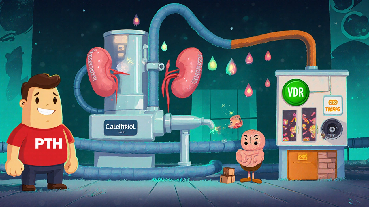 Animated factory shows PTH thermostat, kidney producing calcitriol, and intestine absorbing calcium.