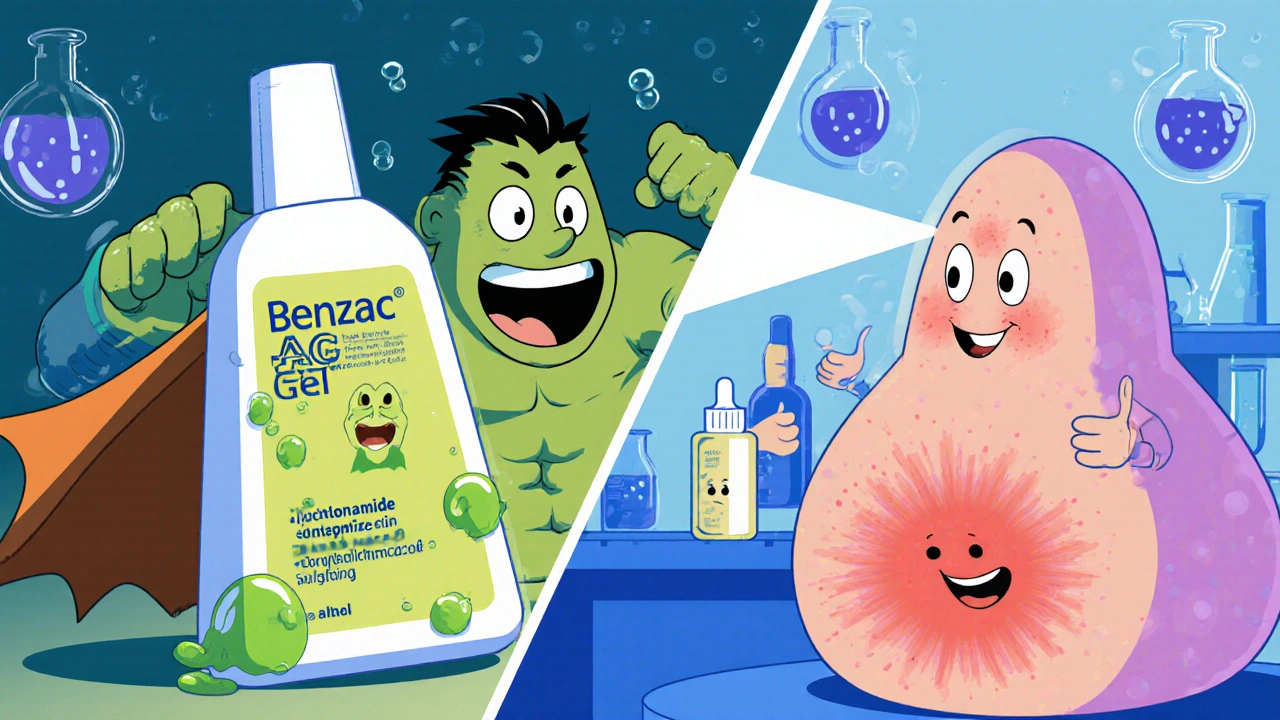 Benzac AC Gel battling acne monster while Nicotinamide soothes skin in a whimsical lab