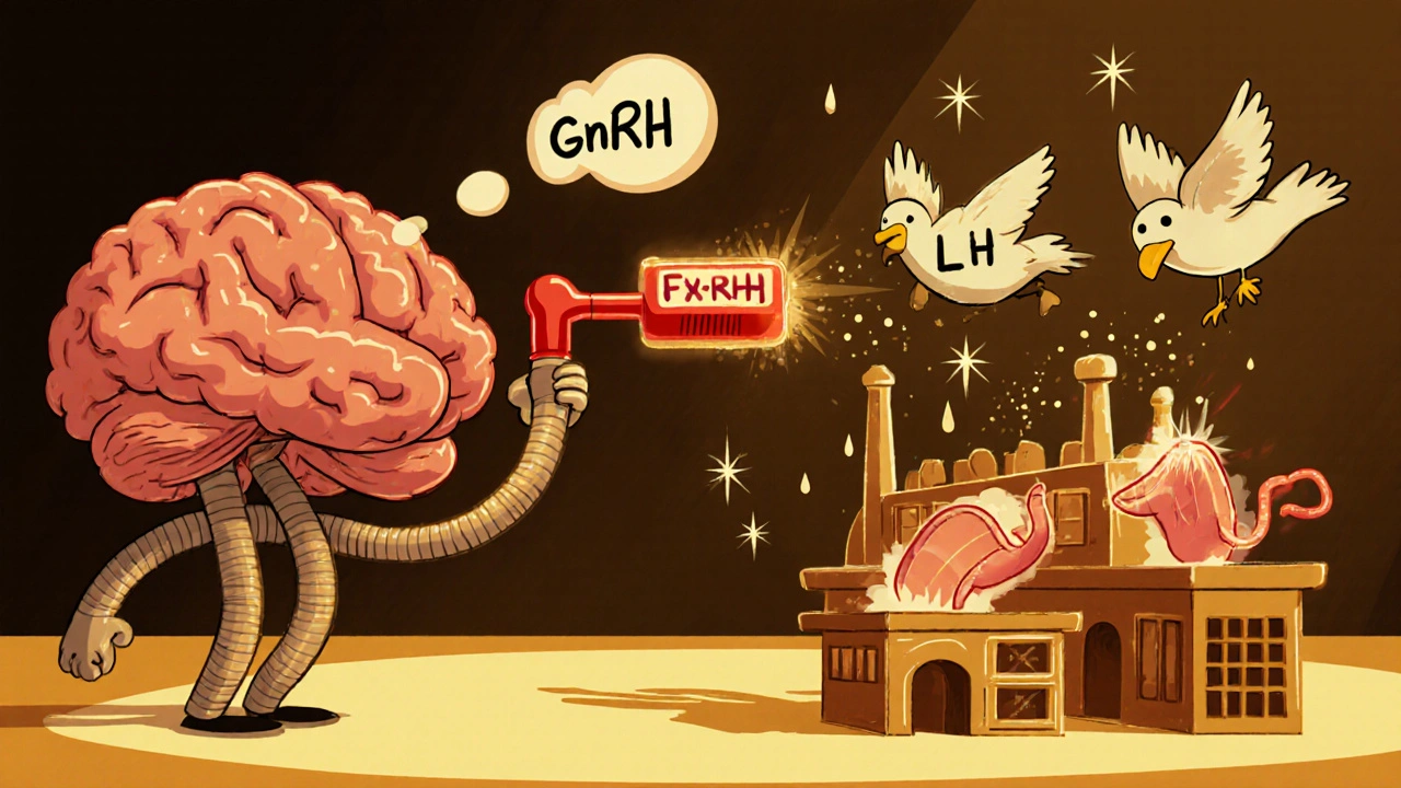 Cartoon brain releasing hormones that travel to testes producing testosterone droplets.