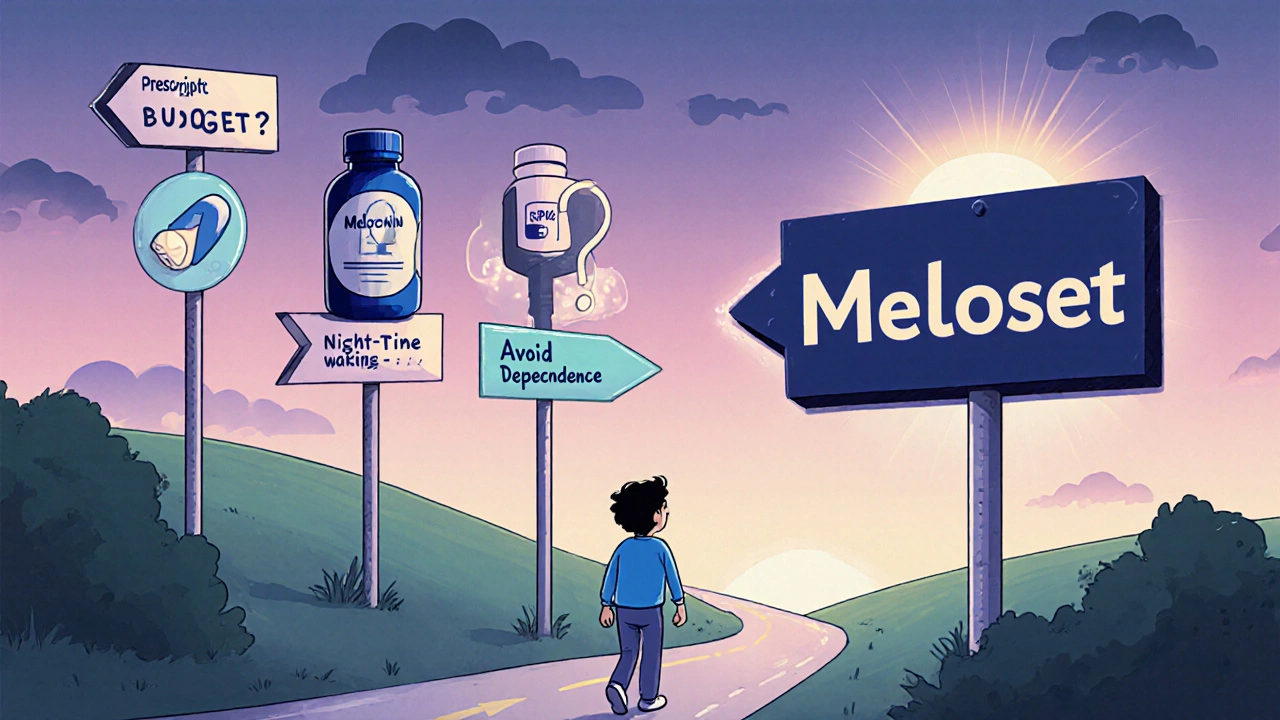 Cartoon character follows road signs to choose the right sleep aid, ending at a Meloset sign.