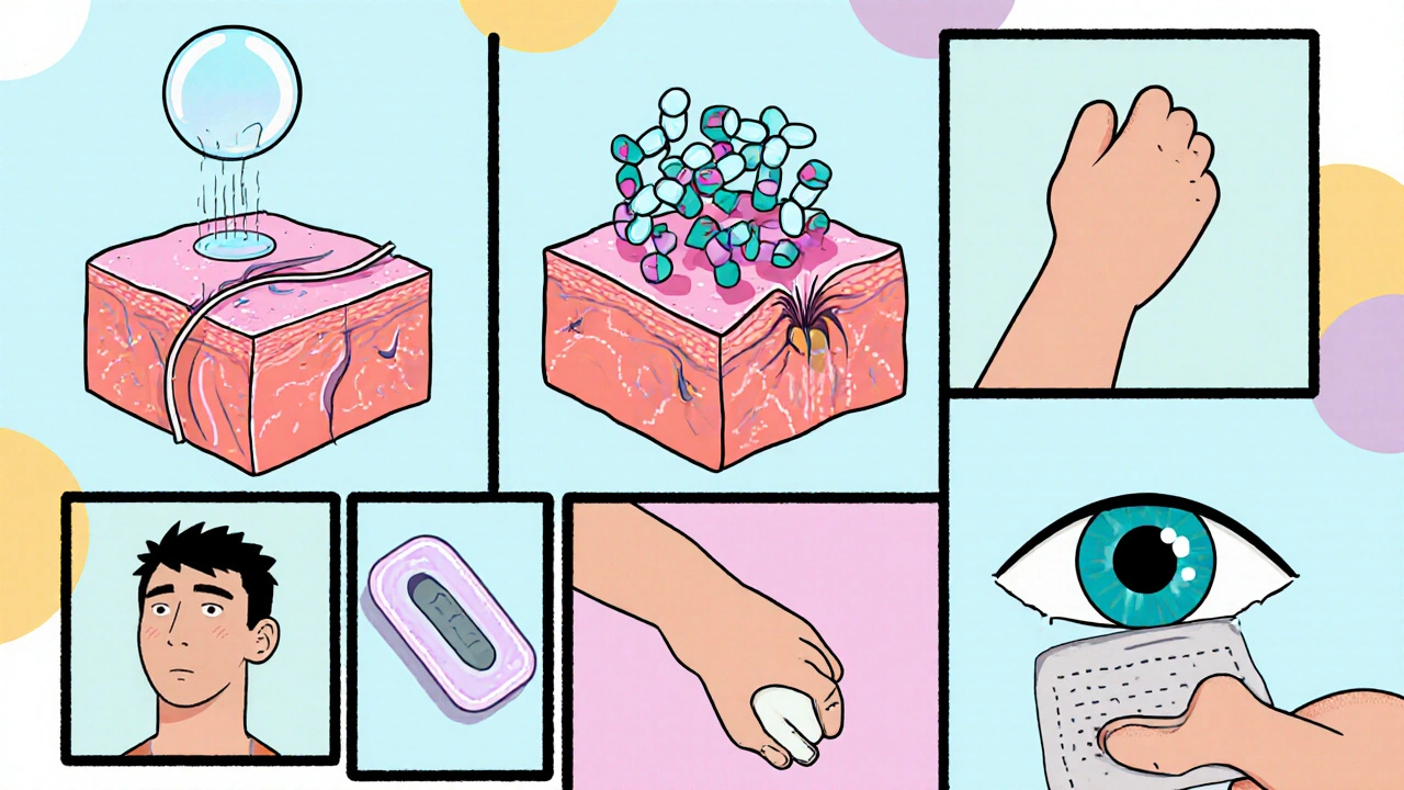 Cartoon collage of liposome, nanoparticle, hydrogel, SLN, patch, and eye insert delivery methods.