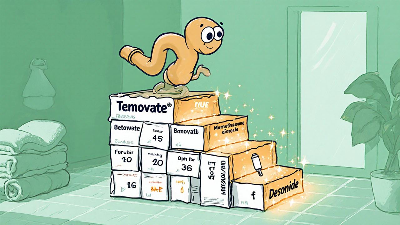 Cartoon ladder showing cartoon Temovate stepping down to lower‑potency steroids.