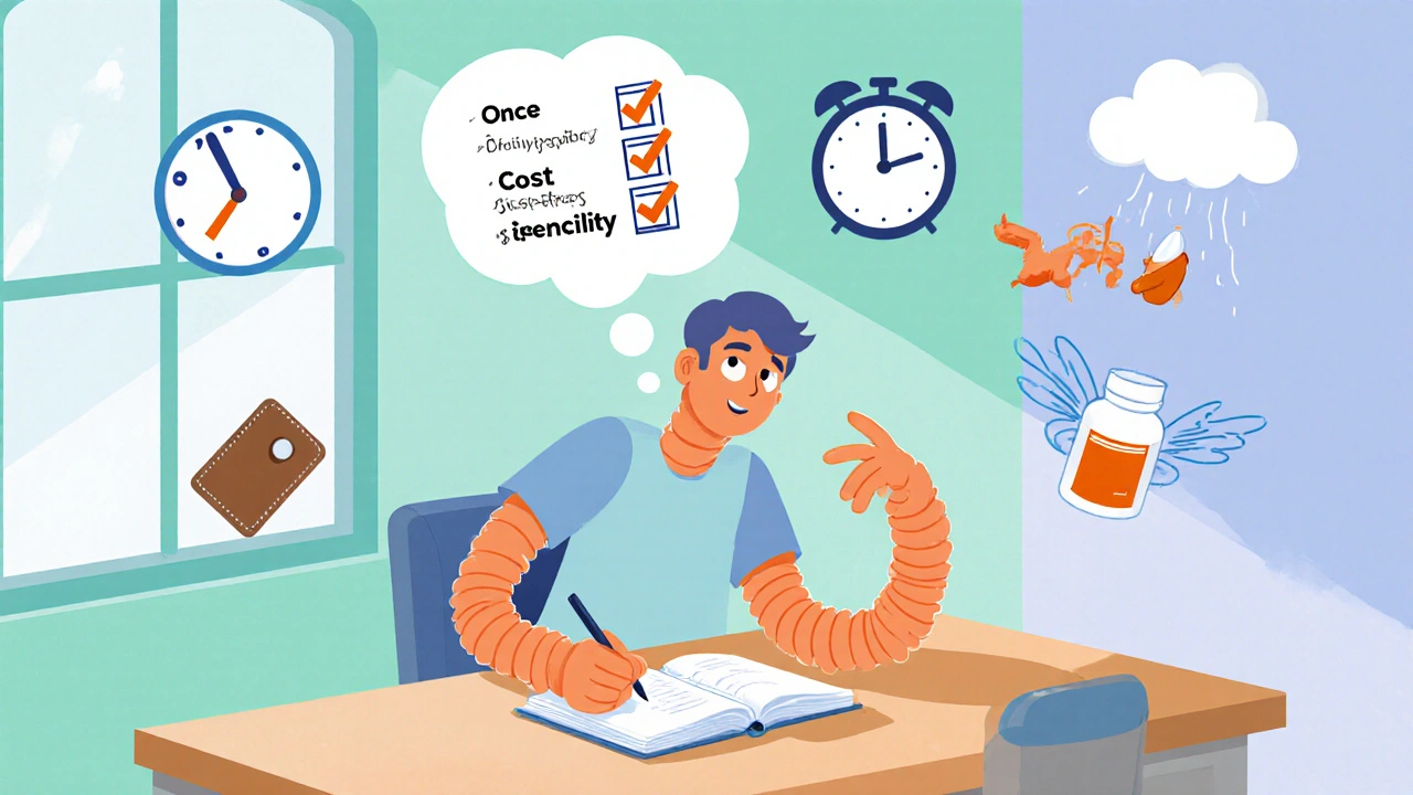 Cartoon patient writing a diary with floating icons for cost, dosing, and side effects.