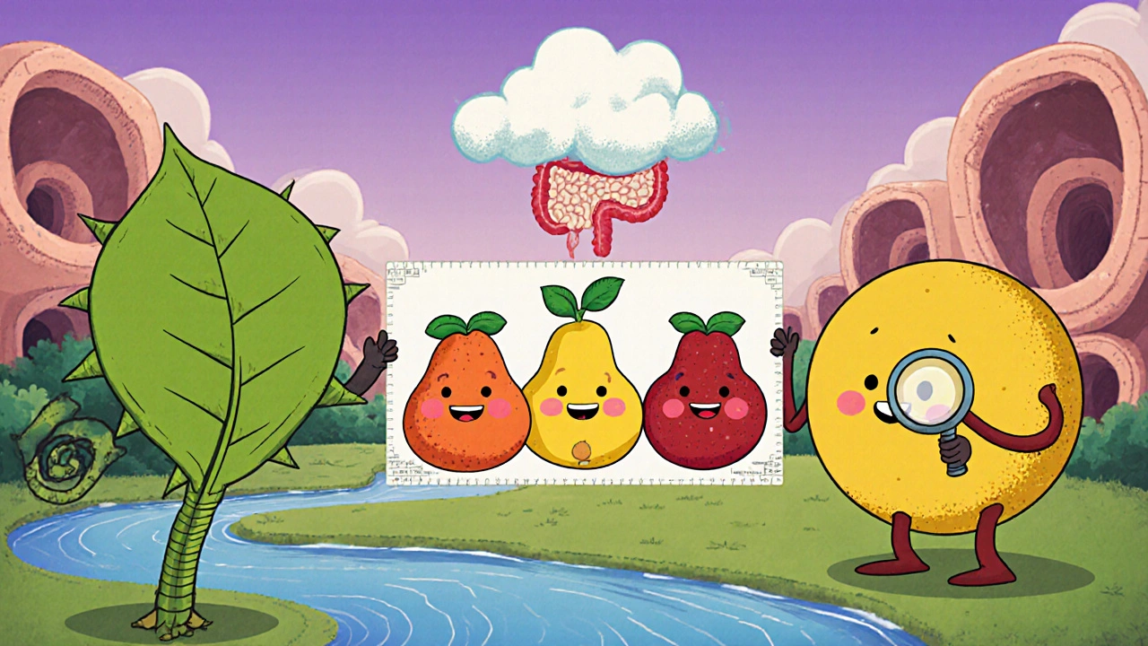 Cartoon showdown between Senna Leaf and Triphala fruits in a digestive landscape with Psyllium Husk as a fluffy cloud.