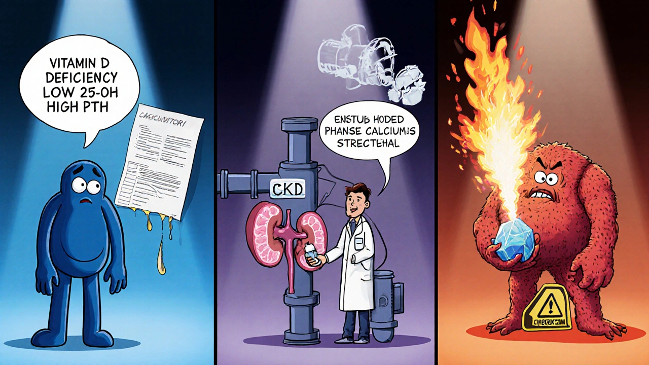 Comic split‑screen of vitamin D deficiency, CKD with low calcitriol, and granuloma excess calcitriol.