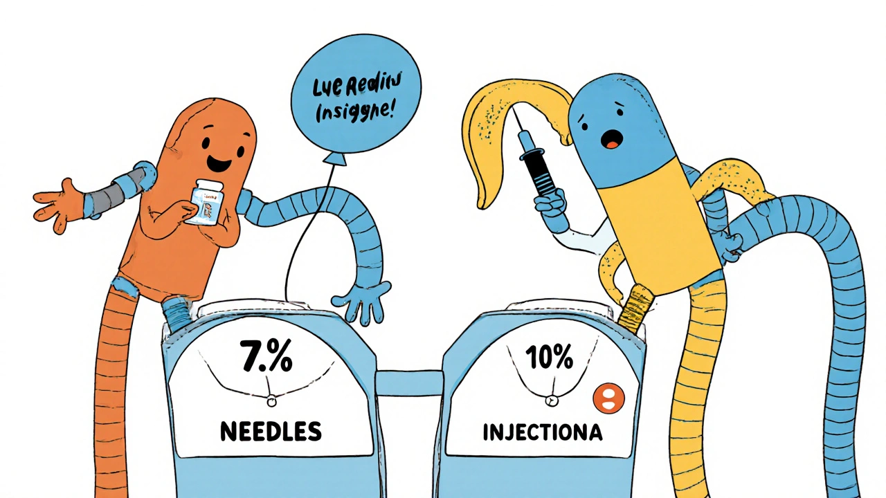 Contrave pill and Saxenda syringe compared on scales with playful, exaggerated expressions in cartoon style.