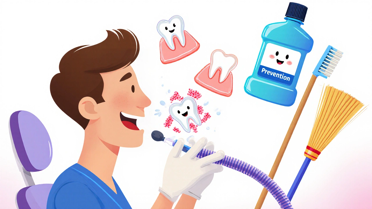 Dentist removing dental hazards before cancer treatment, with floating icons of problems being cleaned away.