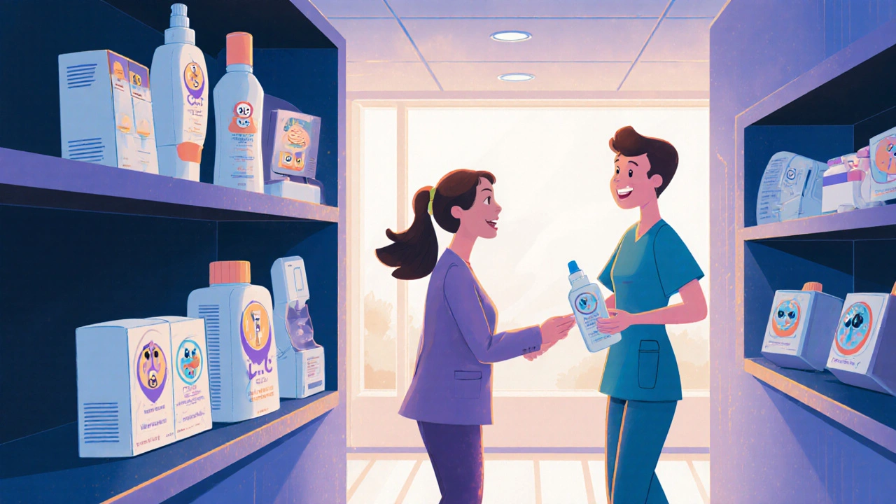 Futuristic clinic showing gel, patch, and eye insert products with happy patient and pharmacist.