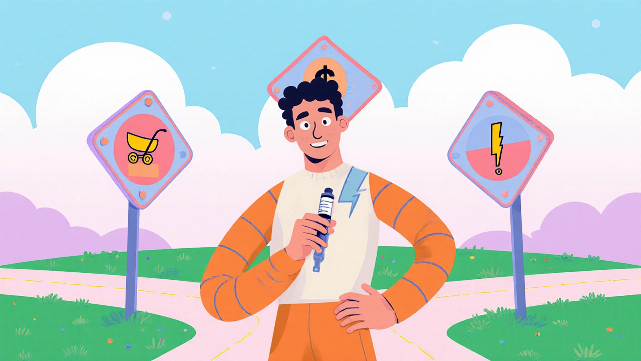 Man at a crossroads choosing between pill, syringe, and injection with fertility and cost icons.