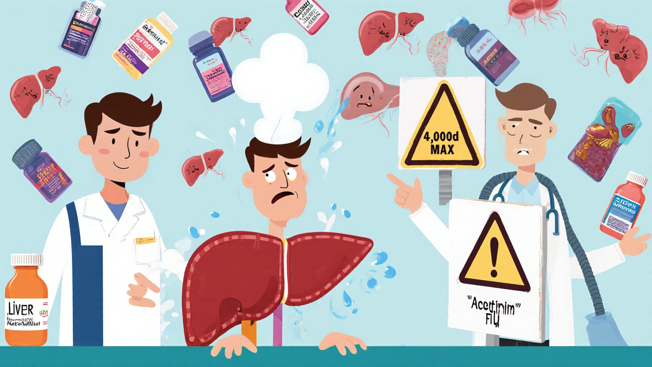 Man overwhelmed by hidden acetaminophen in meds, liver cartoon steaming with warning signs.
