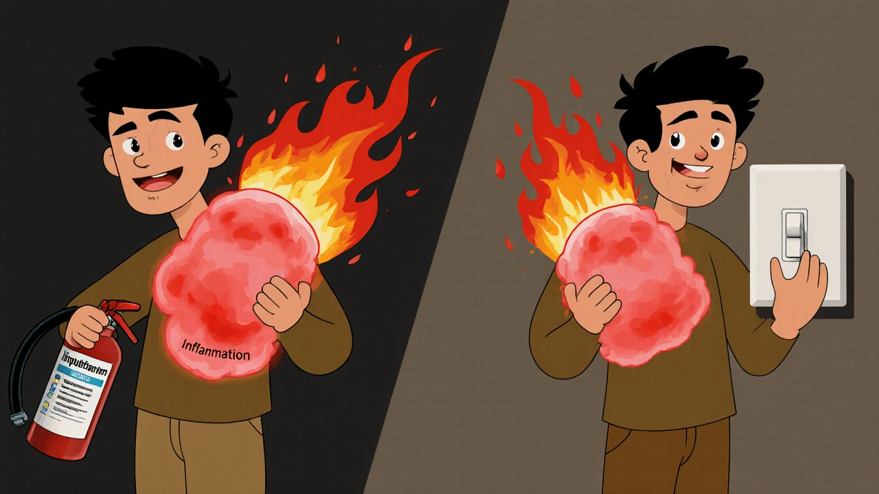 Man with inflamed knee comparing acetaminophen dimmer switch to ibuprofen fire extinguisher.